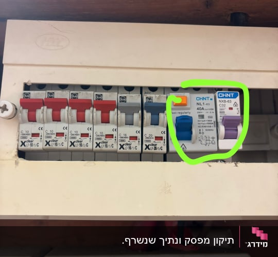 לוח חשמל עם מפסקים צבעוניים ומפסק ראשי